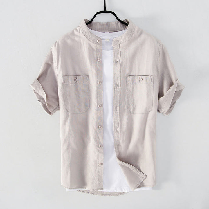 Buddha Stones Camisa informal de lino y algodón de manga corta para hombre, con cuello alto, botones sencillos y bolsillos delanteros. - Lino - US/UK/AU42, EU52 (3XL) - image 8
