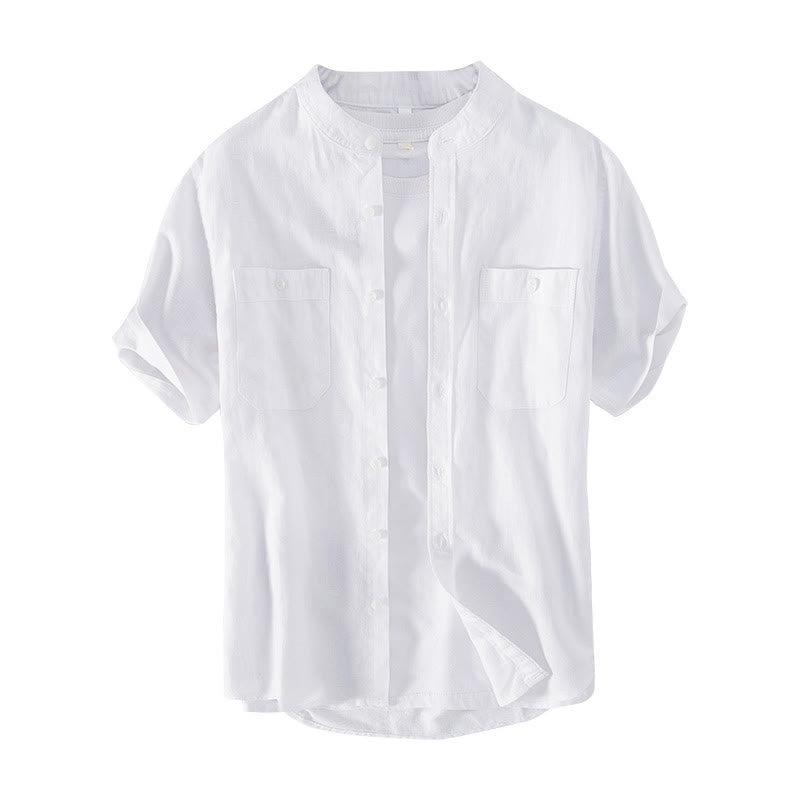 Buddha Stones Camisa informal de lino y algodón de manga corta para hombre, con cuello alto, botones sencillos y bolsillos delanteros. - image 7