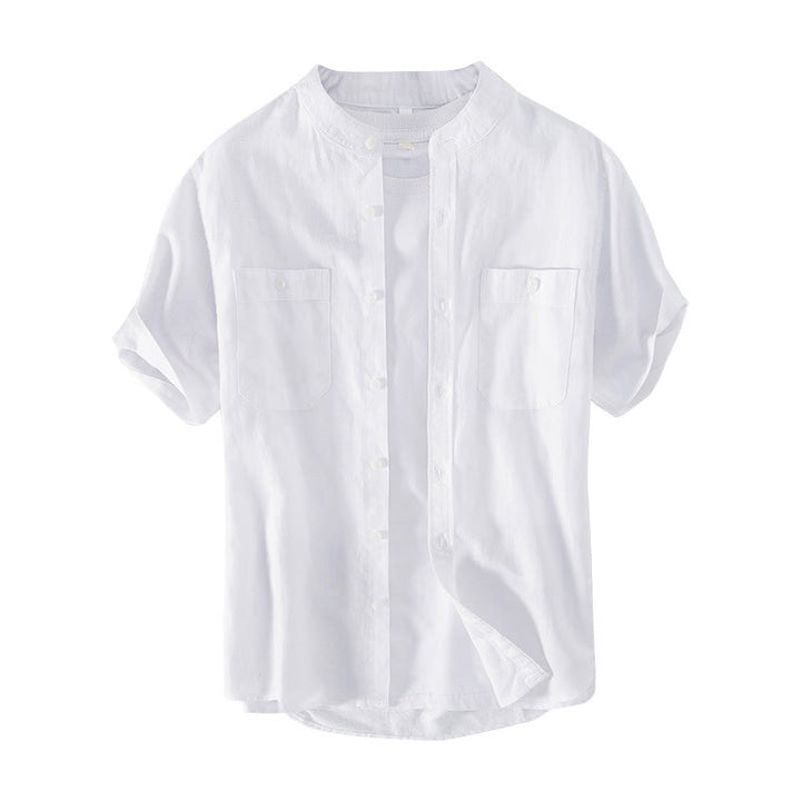 Buddha Stones Camisa informal de lino y algodón de manga corta para hombre, con cuello alto, botones sencillos y bolsillos delanteros. - image 7