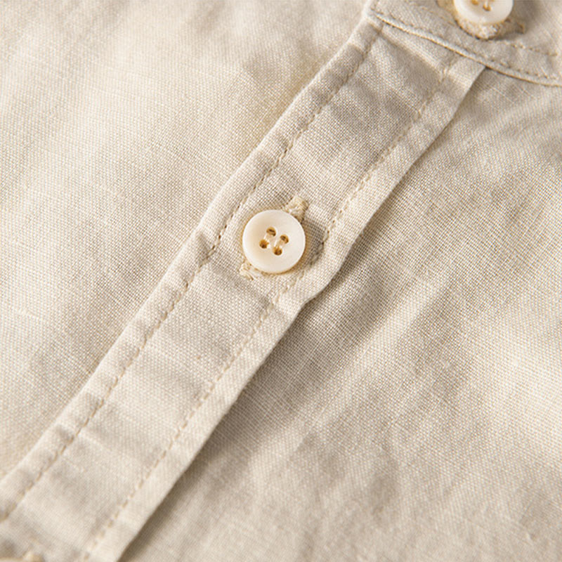 Buddha Stones Camisa informal de lino y algodón de manga corta para hombre, con cuello alto, botones sencillos y bolsillos delanteros. - image 12