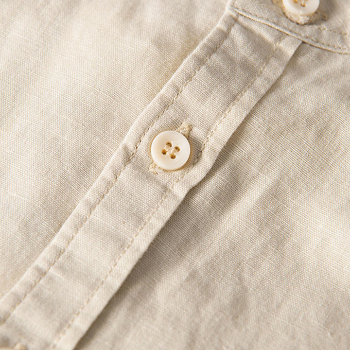 Buddha Stones Camisa informal de lino y algodón de manga corta para hombre, con cuello alto, botones sencillos y bolsillos delanteros. - image 12