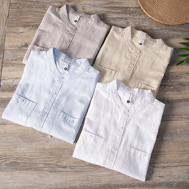 Buddha Stones Camisa informal de lino y algodón de manga corta para hombre, con cuello alto, botones sencillos y bolsillos delanteros. - image 17