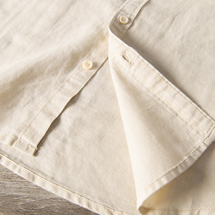 Buddha Stones Camisa informal de lino y algodón de manga corta para hombre, con cuello alto, botones sencillos y bolsillos delanteros. - image 16