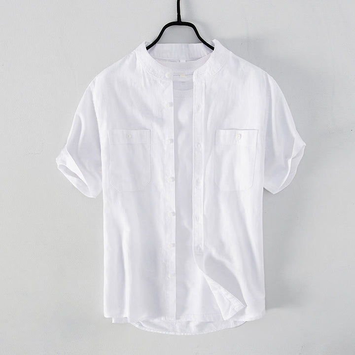 Buddha Stones Camisa informal de lino y algodón de manga corta para hombre, con cuello alto, botones sencillos y bolsillos delanteros. - Blanco - US/UK/AU42, EU52 (3XL) - image 1