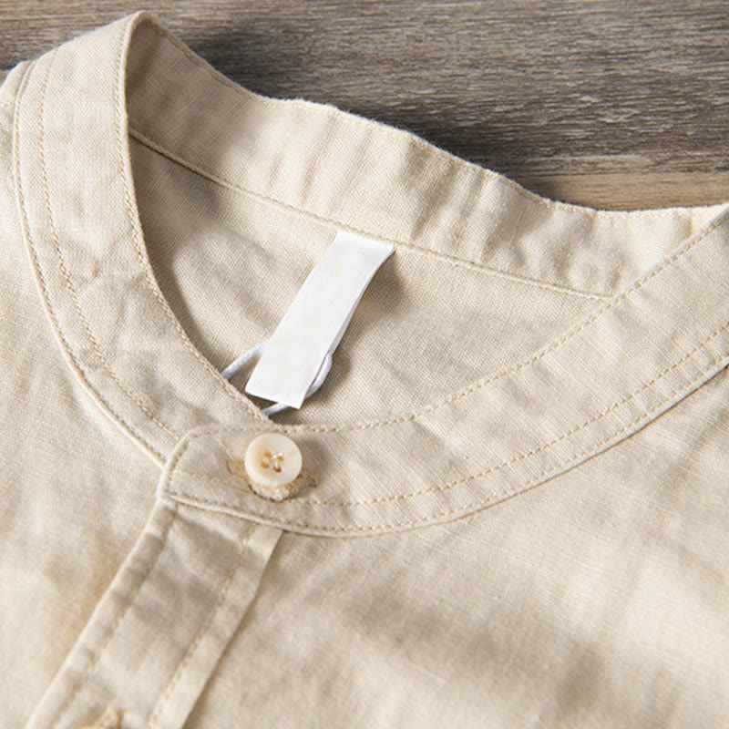 Buddha Stones Camisa informal de lino y algodón de manga corta para hombre, con cuello alto, botones sencillos y bolsillos delanteros. - image 10