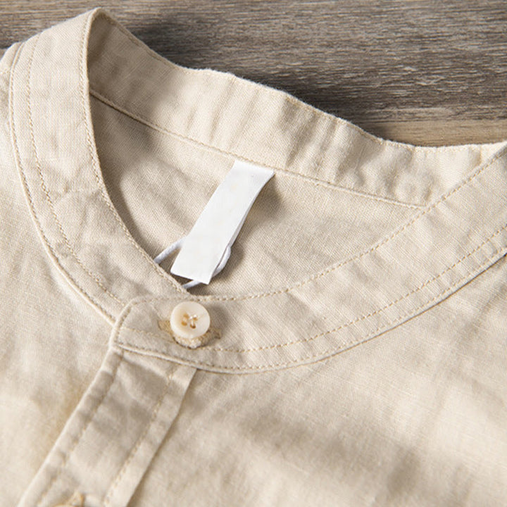 Buddha Stones Camisa informal de lino y algodón de manga corta para hombre, con cuello alto, botones sencillos y bolsillos delanteros. - image 10