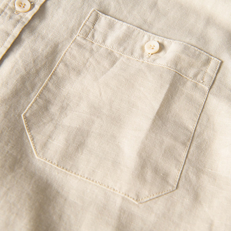 Buddha Stones Camisa informal de lino y algodón de manga corta para hombre, con cuello alto, botones sencillos y bolsillos delanteros. - image 13