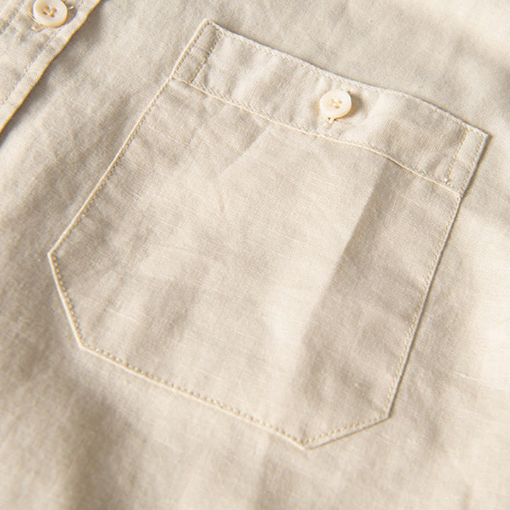 Buddha Stones Camisa informal de lino y algodón de manga corta para hombre, con cuello alto, botones sencillos y bolsillos delanteros. - image 13