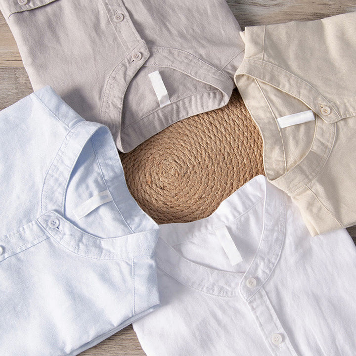 Buddha Stones Camisa informal de lino y algodón de manga corta para hombre, con cuello alto, botones sencillos y bolsillos delanteros. - image 19