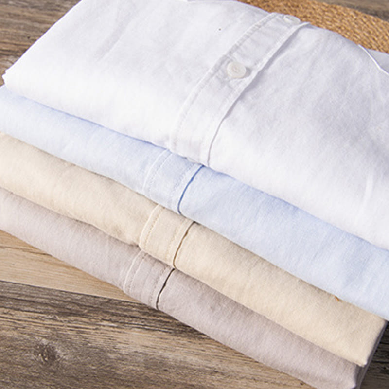 Buddha Stones Camisa informal de lino y algodón de manga corta para hombre, con cuello alto, botones sencillos y bolsillos delanteros. - image 18