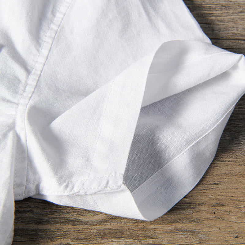 Buddha Stones Camisa informal de lino y algodón de manga corta para hombre, con cuello alto, botones sencillos y bolsillos delanteros. - image 6