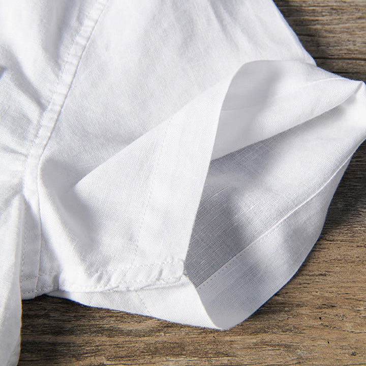 Buddha Stones Camisa informal de lino y algodón de manga corta para hombre, con cuello alto, botones sencillos y bolsillos delanteros. - image 6