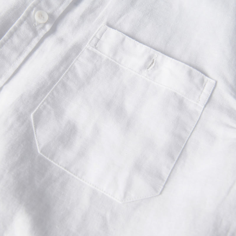 Buddha Stones Camisa informal de lino y algodón de manga corta para hombre, con cuello alto, botones sencillos y bolsillos delanteros. - image 5