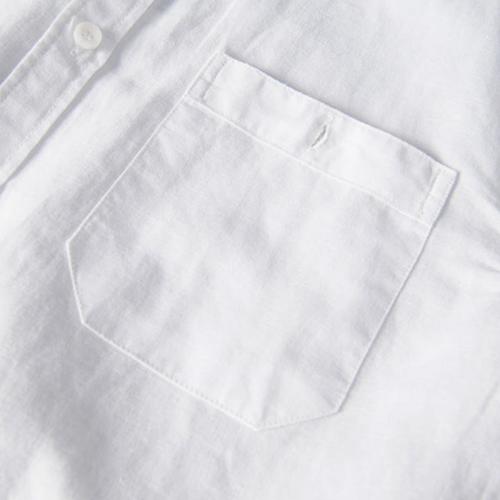 Buddha Stones Camisa informal de lino y algodón de manga corta para hombre, con cuello alto, botones sencillos y bolsillos delanteros. - image 5