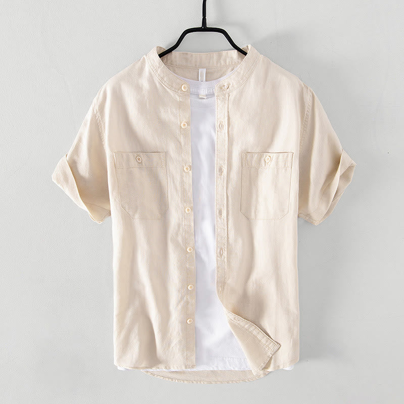 Buddha Stones Camisa informal de lino y algodón de manga corta para hombre, con cuello alto, botones sencillos y bolsillos delanteros. - Beige - US/UK/AU42, EU52 (3XL) - image 9