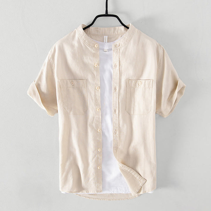 Buddha Stones Camisa informal de lino y algodón de manga corta para hombre, con cuello alto, botones sencillos y bolsillos delanteros. - Beige - US/UK/AU42, EU52 (3XL) - image 9