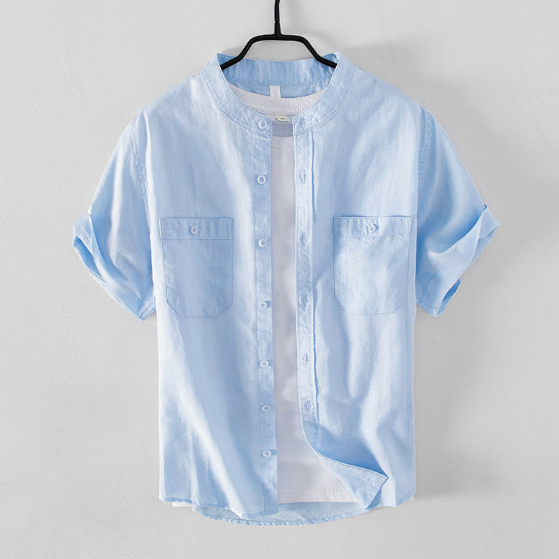 Buddha Stones Camisa informal de lino y algodón de manga corta para hombre, con cuello alto, botones sencillos y bolsillos delanteros. - Azul celeste claro - US/UK/AU42, EU52 (3XL) - image 0