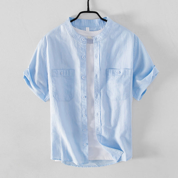 Buddha Stones Camisa informal de lino y algodón de manga corta para hombre, con cuello alto, botones sencillos y bolsillos delanteros. - Azul celeste claro - US/UK/AU42, EU52 (3XL) - image 0