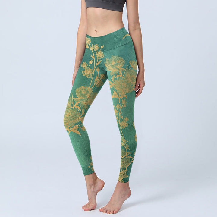 Leggings de yoga para mujer con estampado de Buddha Stones, fondo verde, ramas doradas y flores de peonía - Verde mar medio - US18，UK/AU22，EU50 (4XL) - image 1