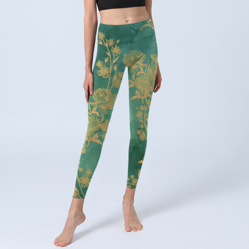 Leggings de yoga para mujer con estampado de Buddha Stones, fondo verde, ramas doradas y flores de peonía - image 6