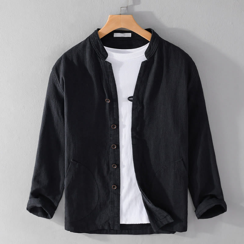 Camisa de lino y algodón de manga larga para hombre, con cuello alto, diseño de botones sencillos y bolsillos, estilo diario de Buddha Stones Spring - Negro - US/UK/AU42, EU52 (3XL) - image 8