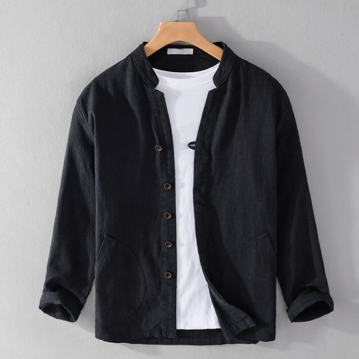 Camisa de lino y algodón de manga larga para hombre, con cuello alto, diseño de botones sencillos y bolsillos, estilo diario de Buddha Stones Spring - Negro - US/UK/AU42, EU52 (3XL) - image 8
