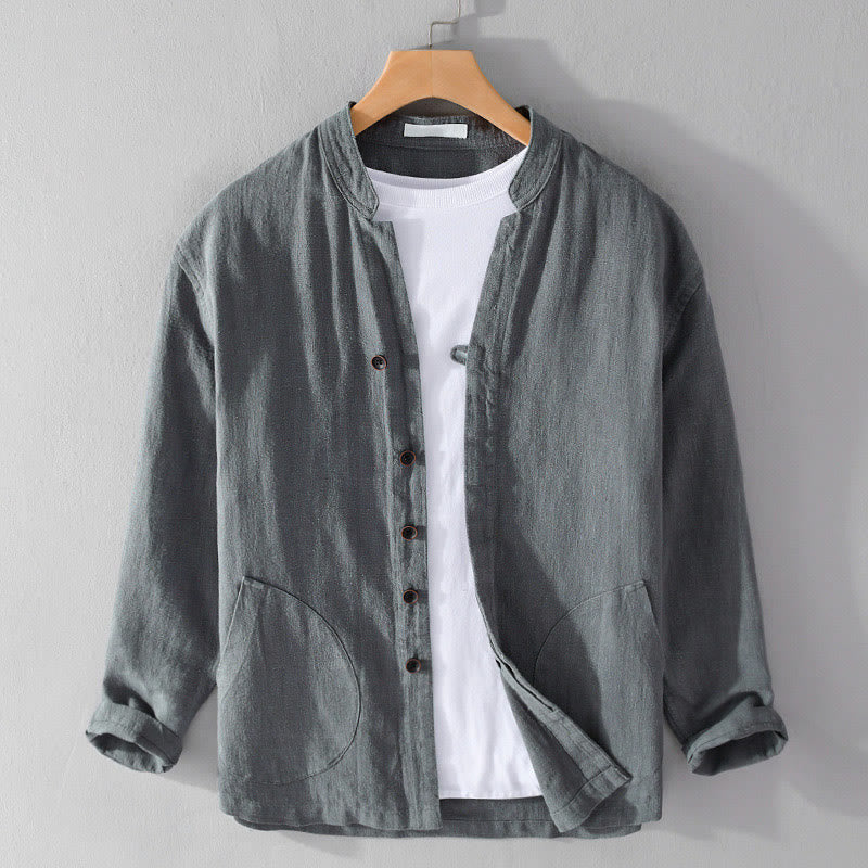 Camisa de lino y algodón de manga larga para hombre, con cuello alto, diseño de botones sencillos y bolsillos, estilo diario de Buddha Stones Spring - image 14