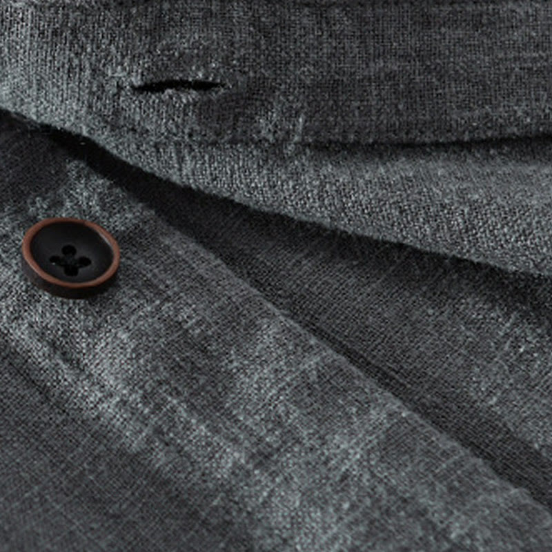 Camisa de lino y algodón de manga larga para hombre, con cuello alto, diseño de botones sencillos y bolsillos, estilo diario de Buddha Stones Spring - image 18