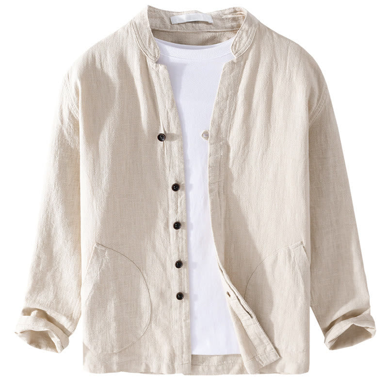 Camisa de lino y algodón de manga larga para hombre, con cuello alto, diseño de botones sencillos y bolsillos, estilo diario de Buddha Stones Spring - image 7