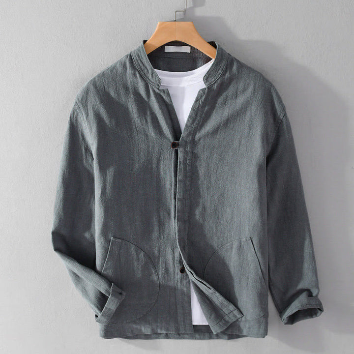 Camisa de lino y algodón de manga larga para hombre, con cuello alto, diseño de botones sencillos y bolsillos, estilo diario de Buddha Stones Spring - Gris pizarra - US/UK/AU42, EU52 (3XL) - image 13