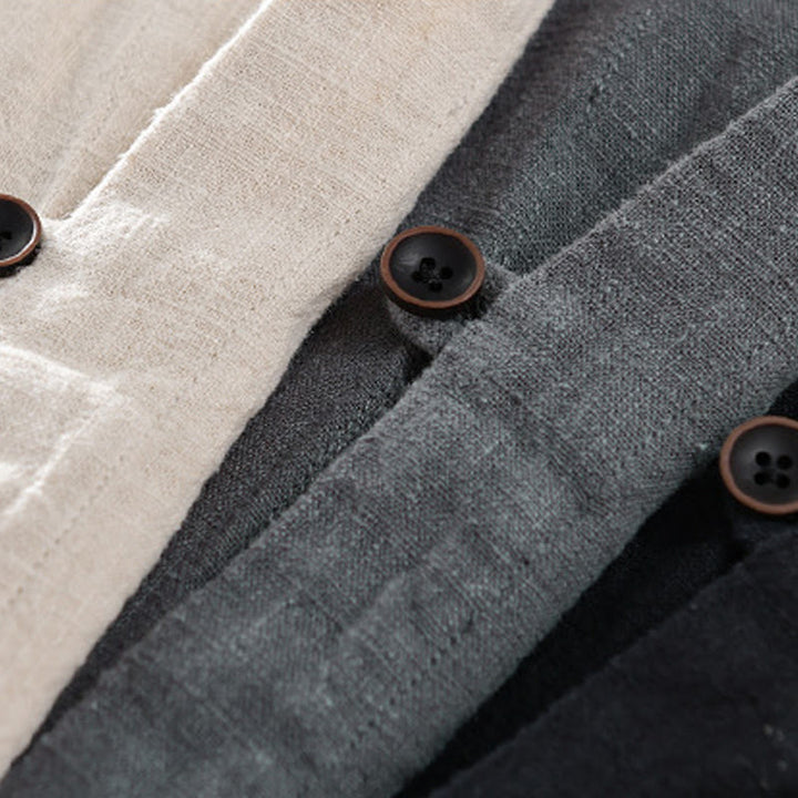 Camisa de lino y algodón de manga larga para hombre, con cuello alto, diseño de botones sencillos y bolsillos, estilo diario de Buddha Stones Spring - image 21