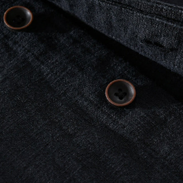 Camisa de lino y algodón de manga larga para hombre, con cuello alto, diseño de botones sencillos y bolsillos, estilo diario de Buddha Stones Spring - image 11