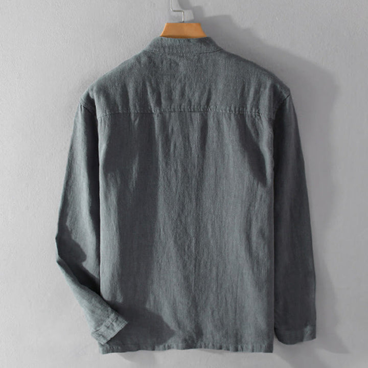 Camisa de lino y algodón de manga larga para hombre, con cuello alto, diseño de botones sencillos y bolsillos, estilo diario de Buddha Stones Spring - image 15