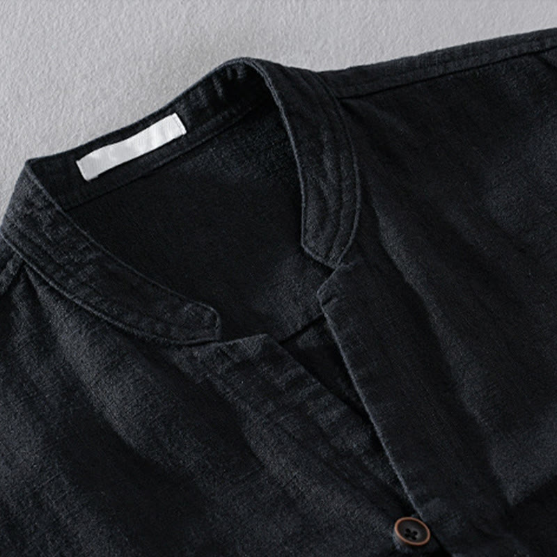 Camisa de lino y algodón de manga larga para hombre, con cuello alto, diseño de botones sencillos y bolsillos, estilo diario de Buddha Stones Spring - image 10