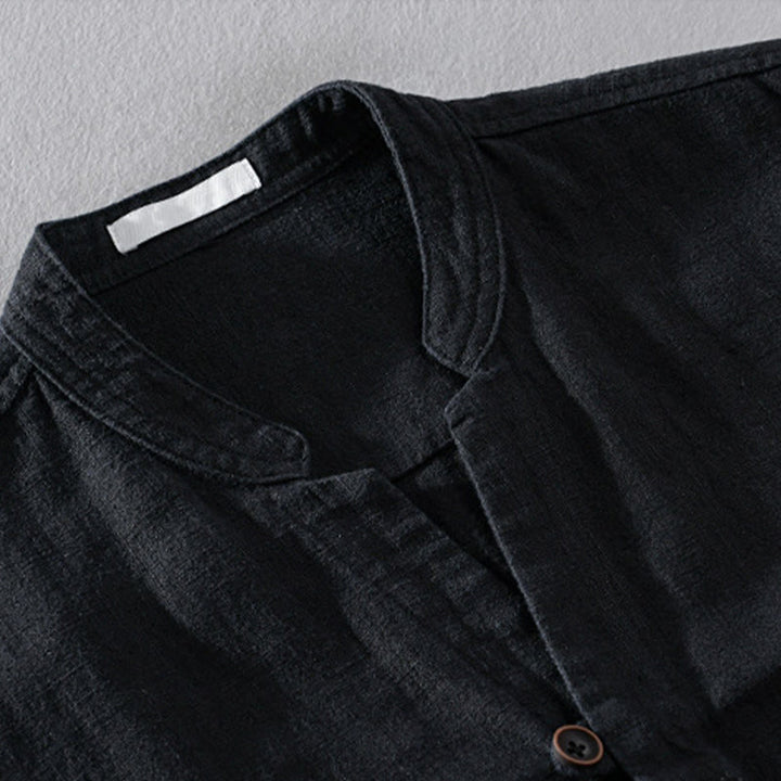 Camisa de lino y algodón de manga larga para hombre, con cuello alto, diseño de botones sencillos y bolsillos, estilo diario de Buddha Stones Spring - image 10