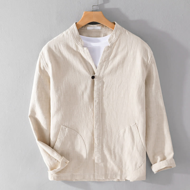 Camisa de lino y algodón de manga larga para hombre, con cuello alto, diseño de botones sencillos y bolsillos, estilo diario de Buddha Stones Spring - image 1