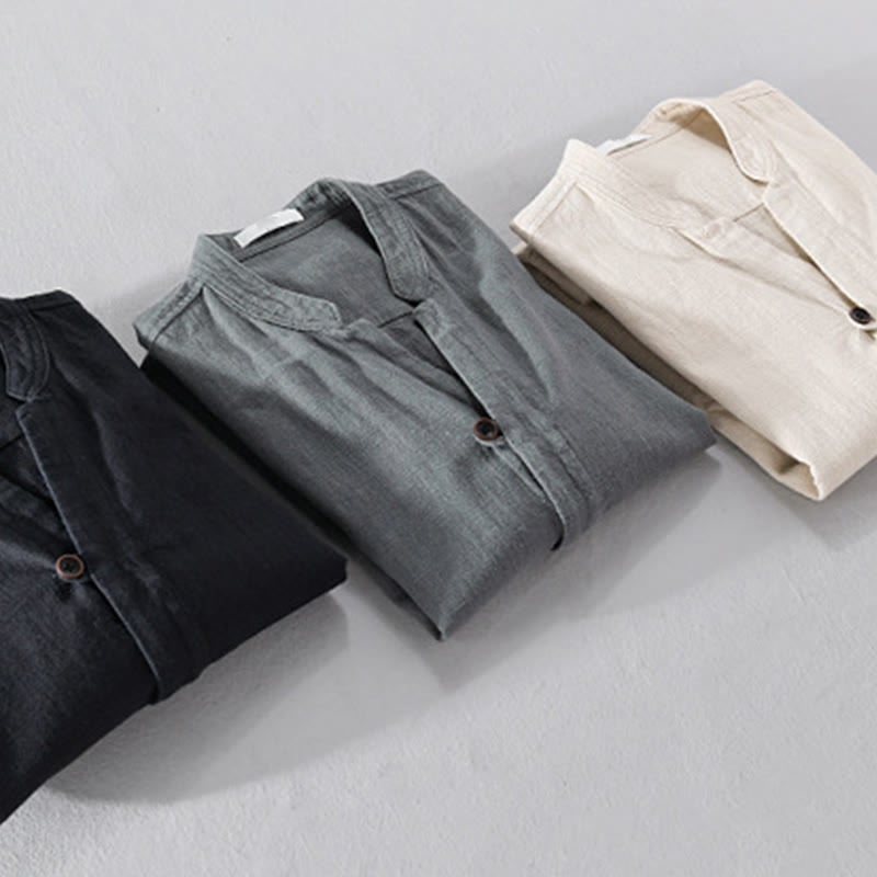 Camisa de lino y algodón de manga larga para hombre, con cuello alto, diseño de botones sencillos y bolsillos, estilo diario de Buddha Stones Spring - image 25