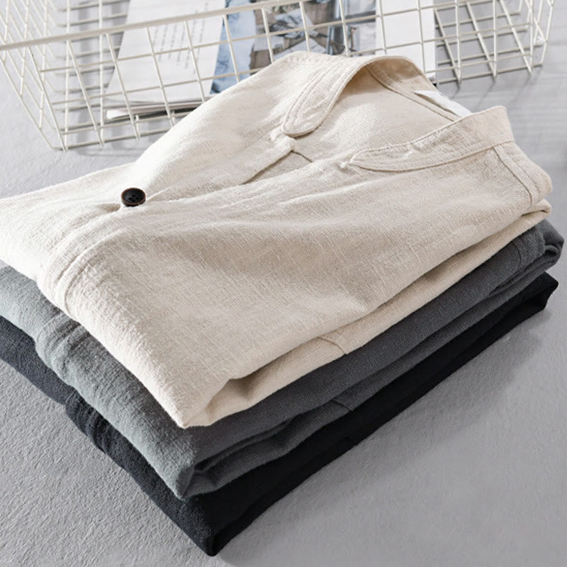 Camisa de lino y algodón de manga larga para hombre, con cuello alto, diseño de botones sencillos y bolsillos, estilo diario de Buddha Stones Spring - image 23
