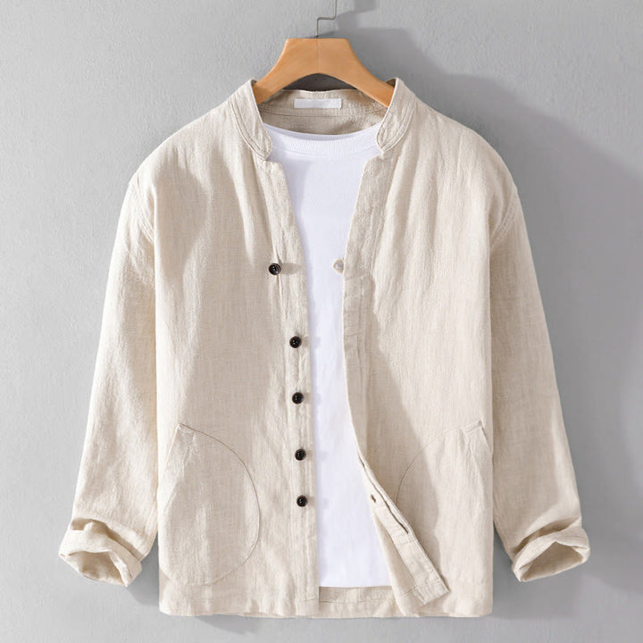 Camisa de lino y algodón de manga larga para hombre, con cuello alto, diseño de botones sencillos y bolsillos, estilo diario de Buddha Stones Spring - Beige - US/UK/AU42, EU52 (3XL) - image 0