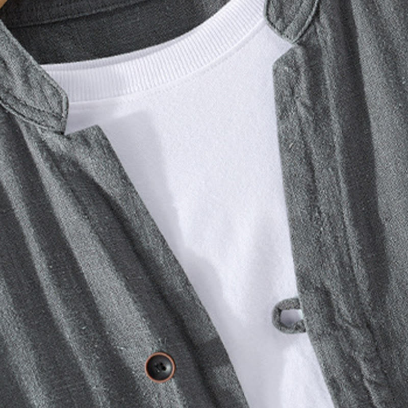 Camisa de lino y algodón de manga larga para hombre, con cuello alto, diseño de botones sencillos y bolsillos, estilo diario de Buddha Stones Spring - image 17