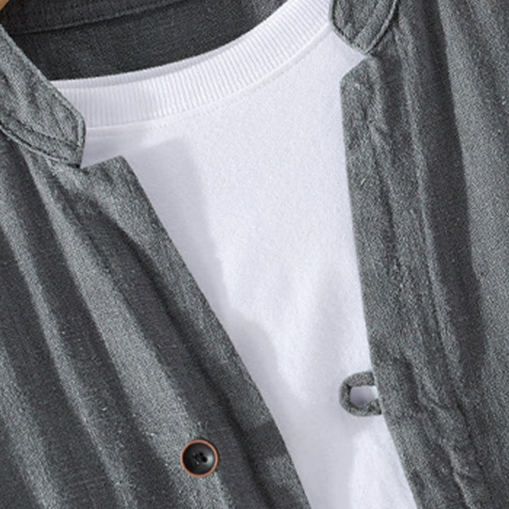 Camisa de lino y algodón de manga larga para hombre, con cuello alto, diseño de botones sencillos y bolsillos, estilo diario de Buddha Stones Spring - image 17