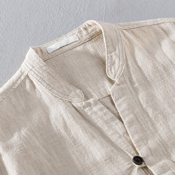 Camisa de lino y algodón de manga larga para hombre, con cuello alto, diseño de botones sencillos y bolsillos, estilo diario de Buddha Stones Spring - image 2