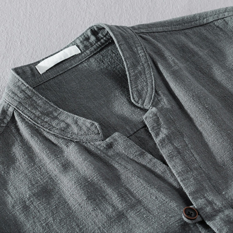 Camisa de lino y algodón de manga larga para hombre, con cuello alto, diseño de botones sencillos y bolsillos, estilo diario de Buddha Stones Spring - image 20
