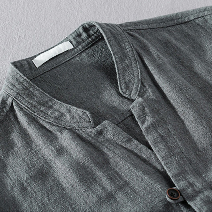 Camisa de lino y algodón de manga larga para hombre, con cuello alto, diseño de botones sencillos y bolsillos, estilo diario de Buddha Stones Spring - image 20