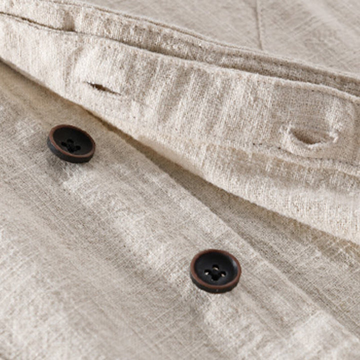 Camisa de lino y algodón de manga larga para hombre, con cuello alto, diseño de botones sencillos y bolsillos, estilo diario de Buddha Stones Spring - image 4