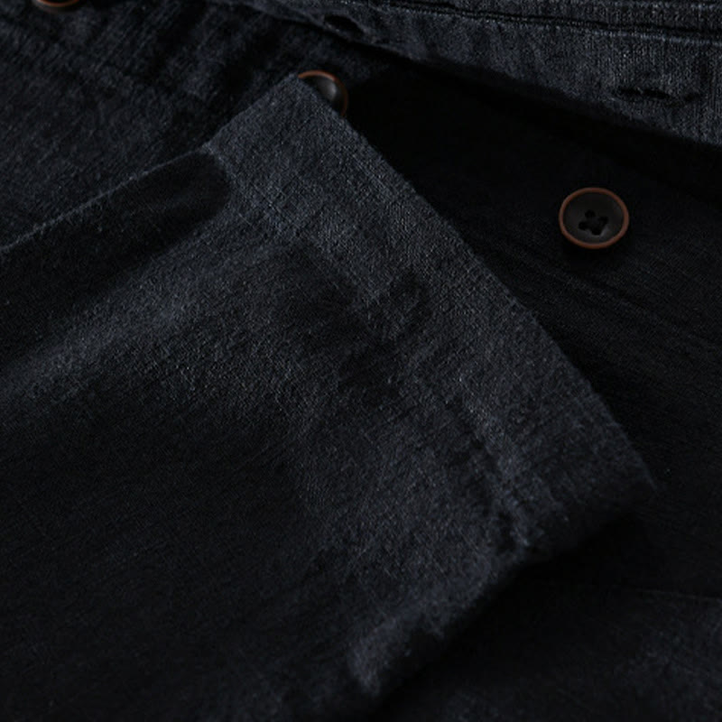 Camisa de lino y algodón de manga larga para hombre, con cuello alto, diseño de botones sencillos y bolsillos, estilo diario de Buddha Stones Spring - image 9