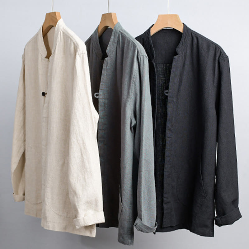 Camisa de lino y algodón de manga larga para hombre, con cuello alto, diseño de botones sencillos y bolsillos, estilo diario de Buddha Stones Spring - image 22