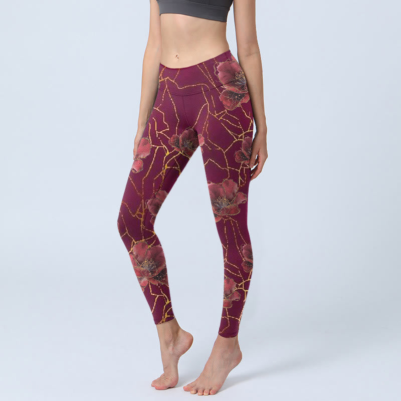 Leggings de yoga para mujer con estampado de líneas doradas y pétalos rojos de Buddha Stones - IndianRed - US18，UK/AU22，EU50 (4XL) - image 1