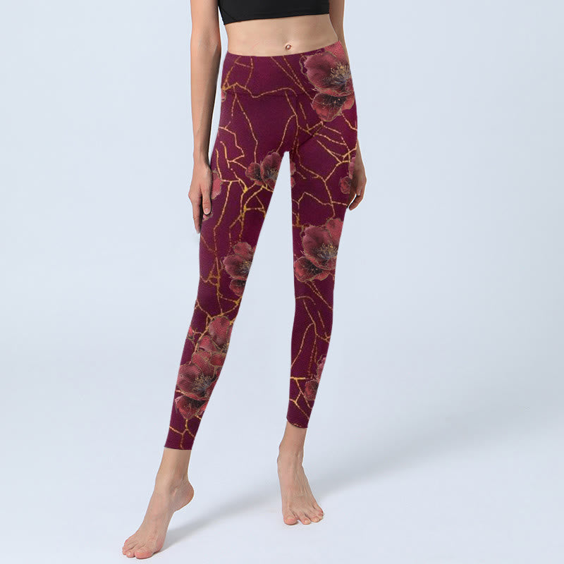 Leggings de yoga para mujer con estampado de líneas doradas y pétalos rojos de Buddha Stones - image 6