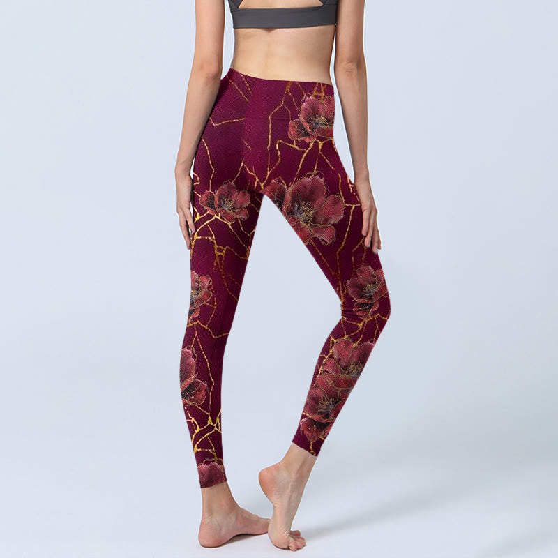 Leggings de yoga para mujer con estampado de líneas doradas y pétalos rojos de Buddha Stones - image 4